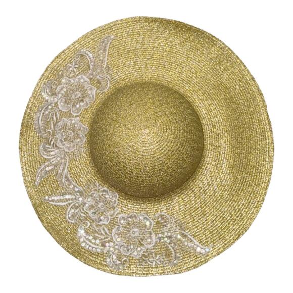 Gold Wide Brim Church Derby Easter Lace Sequin Pearl Dress Hat